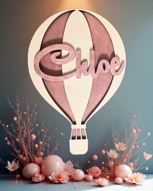 Fiocco nascita Mongolfiera in legno con nome Mywoody