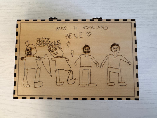Scatola in Legno Personalizzata con Disegno del Bambino e Dedica per PapĂ