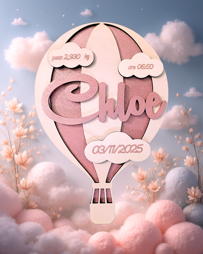 Fiocco nascita Mongolfiera in legno personalizzato