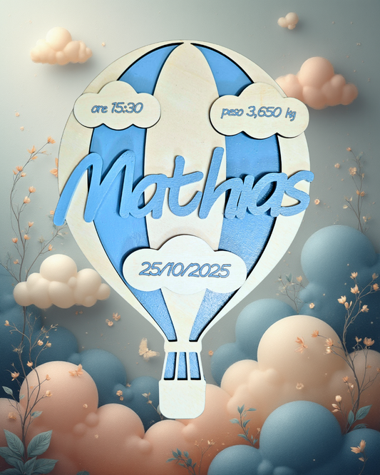 Fiocco nascita Mongolfiera in legno personalizzato