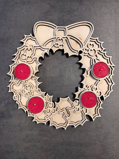 Corona avvento vischio 3D in legno con candeline