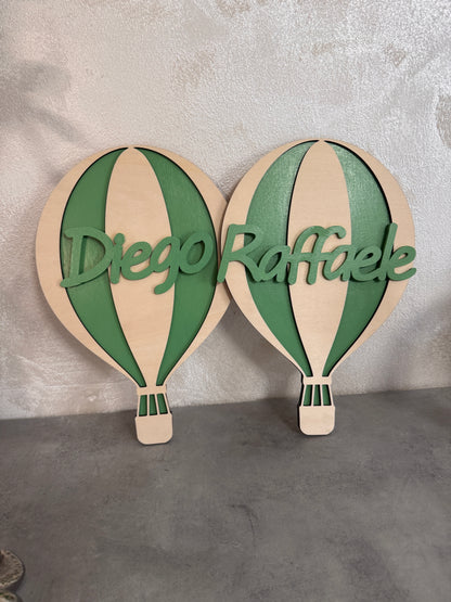 Fiocco nascita Mongolfiera in legno con nome Mywoody