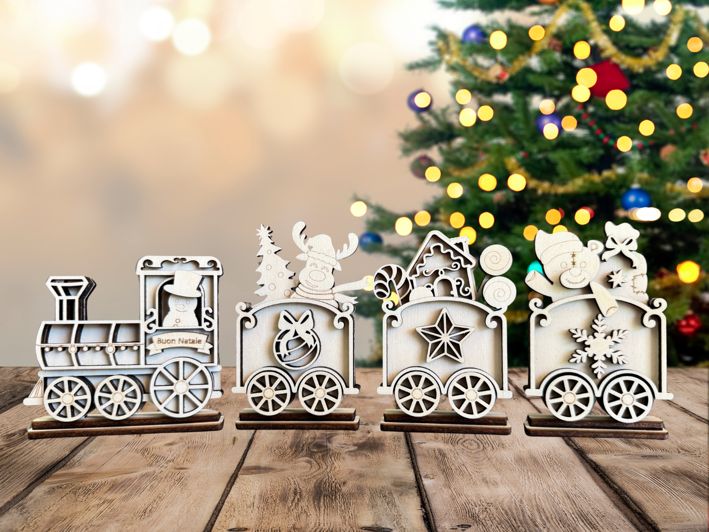Trenino Natalizio in Legno Pupazzo di Neve