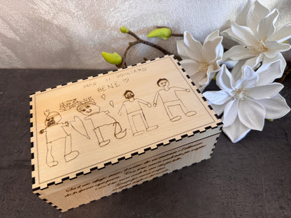 Scatola in Legno Personalizzata con Disegno del Bambino e Dedica per Papà