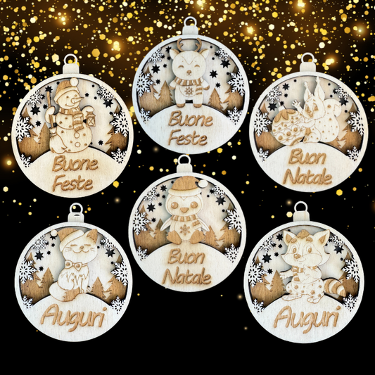 Set Palline di Natale in Legno – Animali 3D