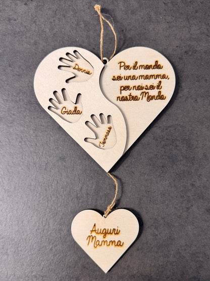 Cuore in legno Festa della Mamma con manine 3D ❤️